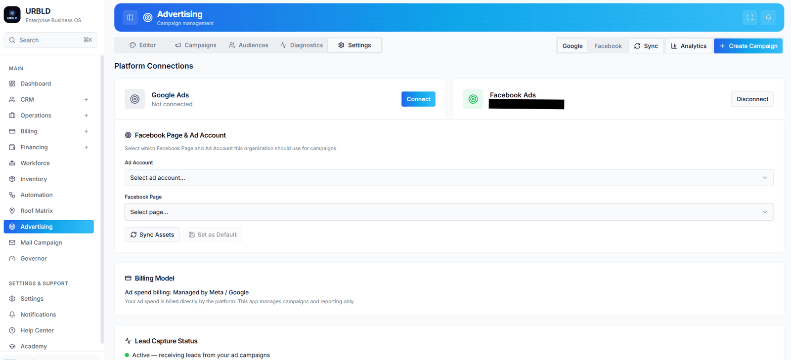 URBLD Advertising — campaign management with platform connections, ad account selection, billing model, and lead capture status