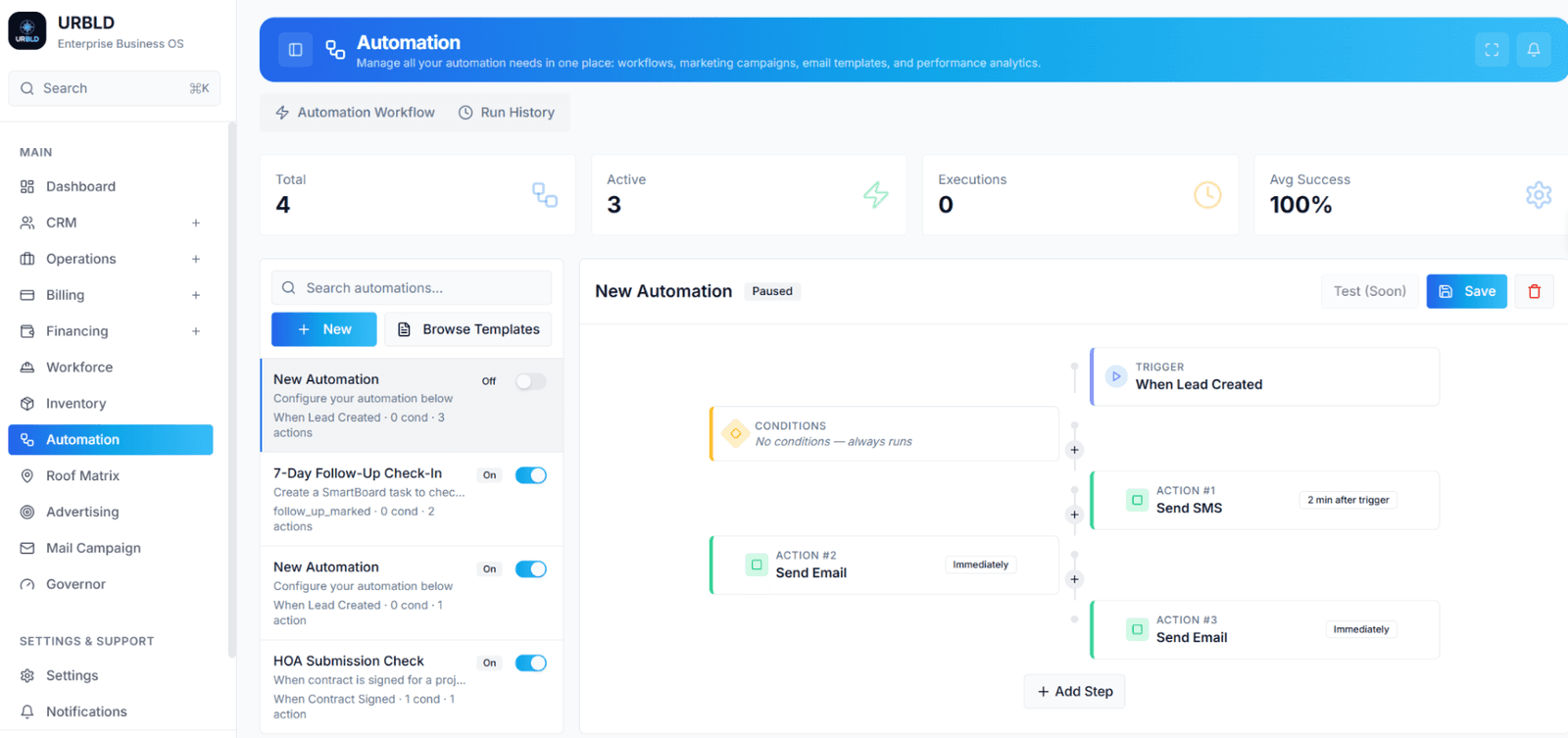 URBLD automation workflow builder showing trigger, conditions, and sequential SMS and email actions