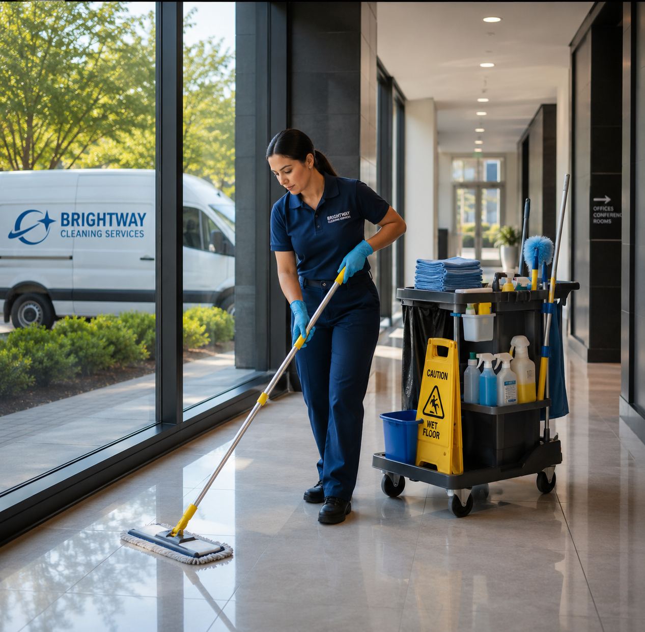 Commercial cleaner vacuuming a modern upscale office hallway with a stocked cleaning cart beside them and a branded service van visible through the windows outside