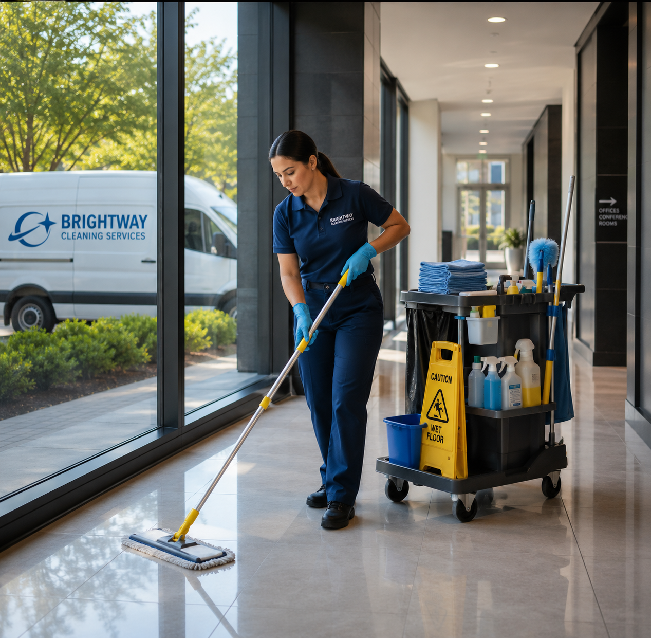 Commercial cleaner vacuuming a modern upscale office hallway with a stocked cleaning cart beside them and a branded service van visible through the windows outside