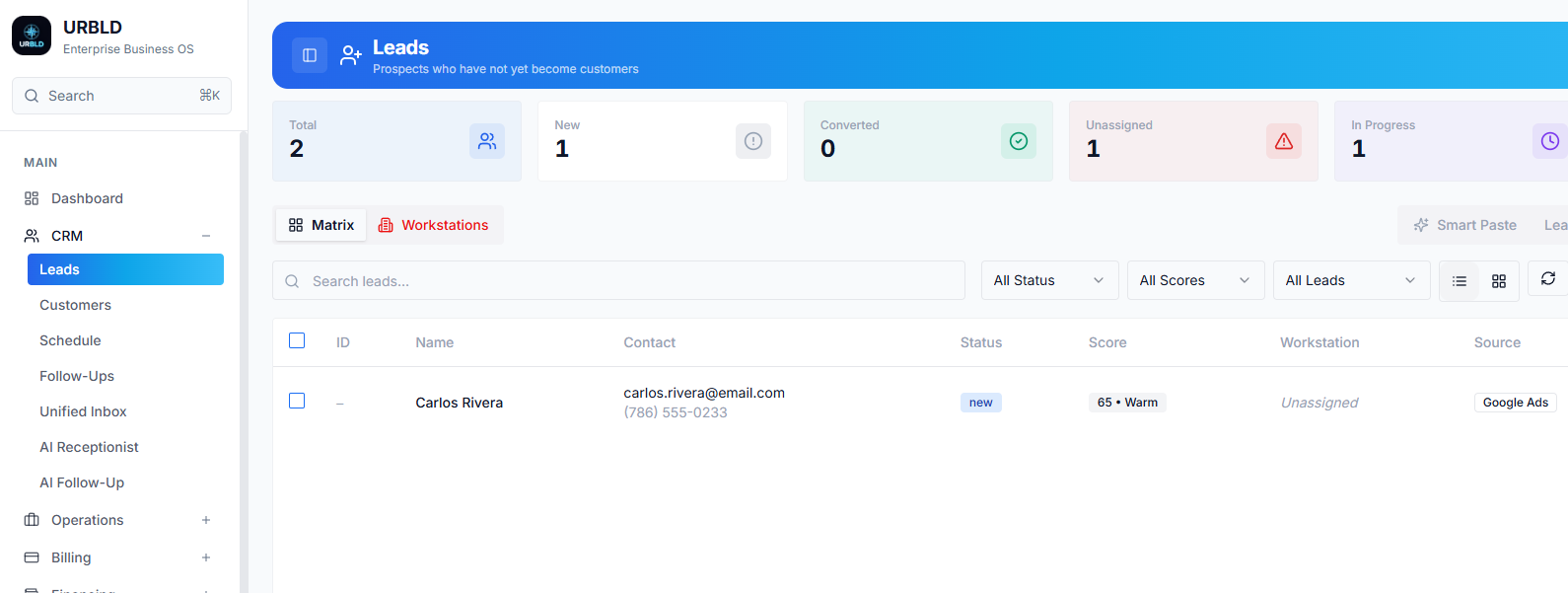URBLD Leads Matrix — lead table with status cards, search, and filters