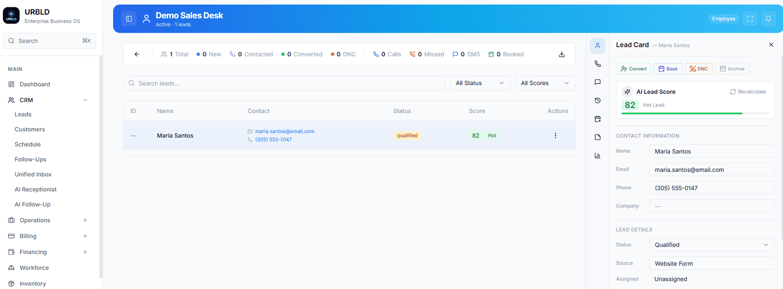 URBLD Lead Qualification Call Center — built-in dialer, qualification checklist, agent activity, and routing
