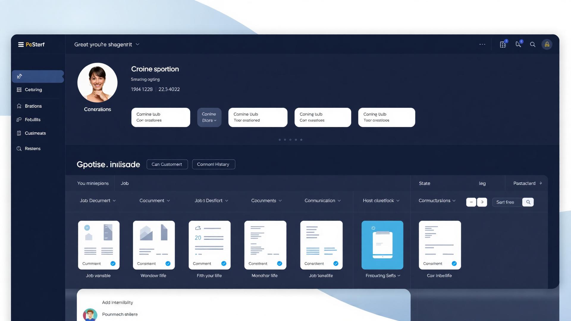 Customer profile dashboard with job history, documents, and communication timeline