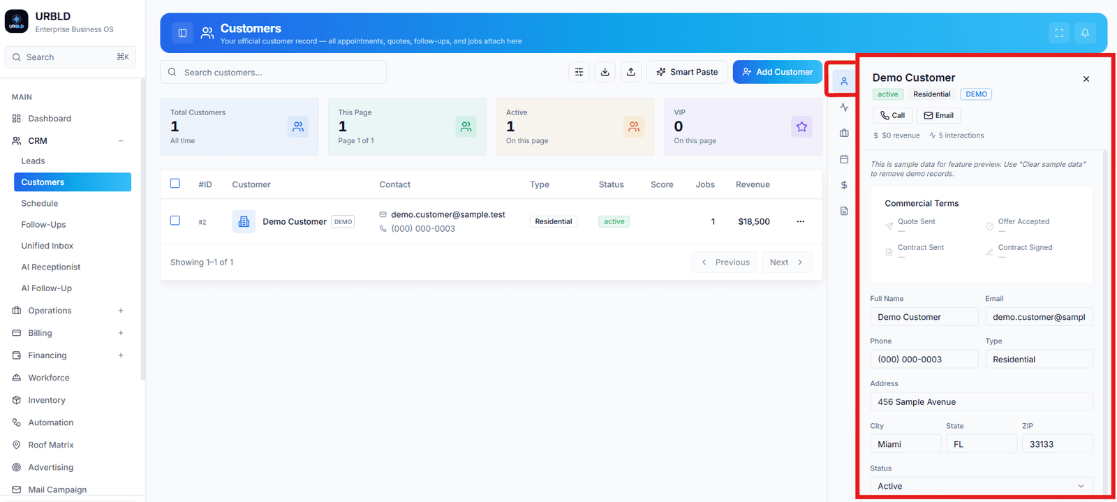Customer profile screen showing customer record, activity timeline, and contact actions