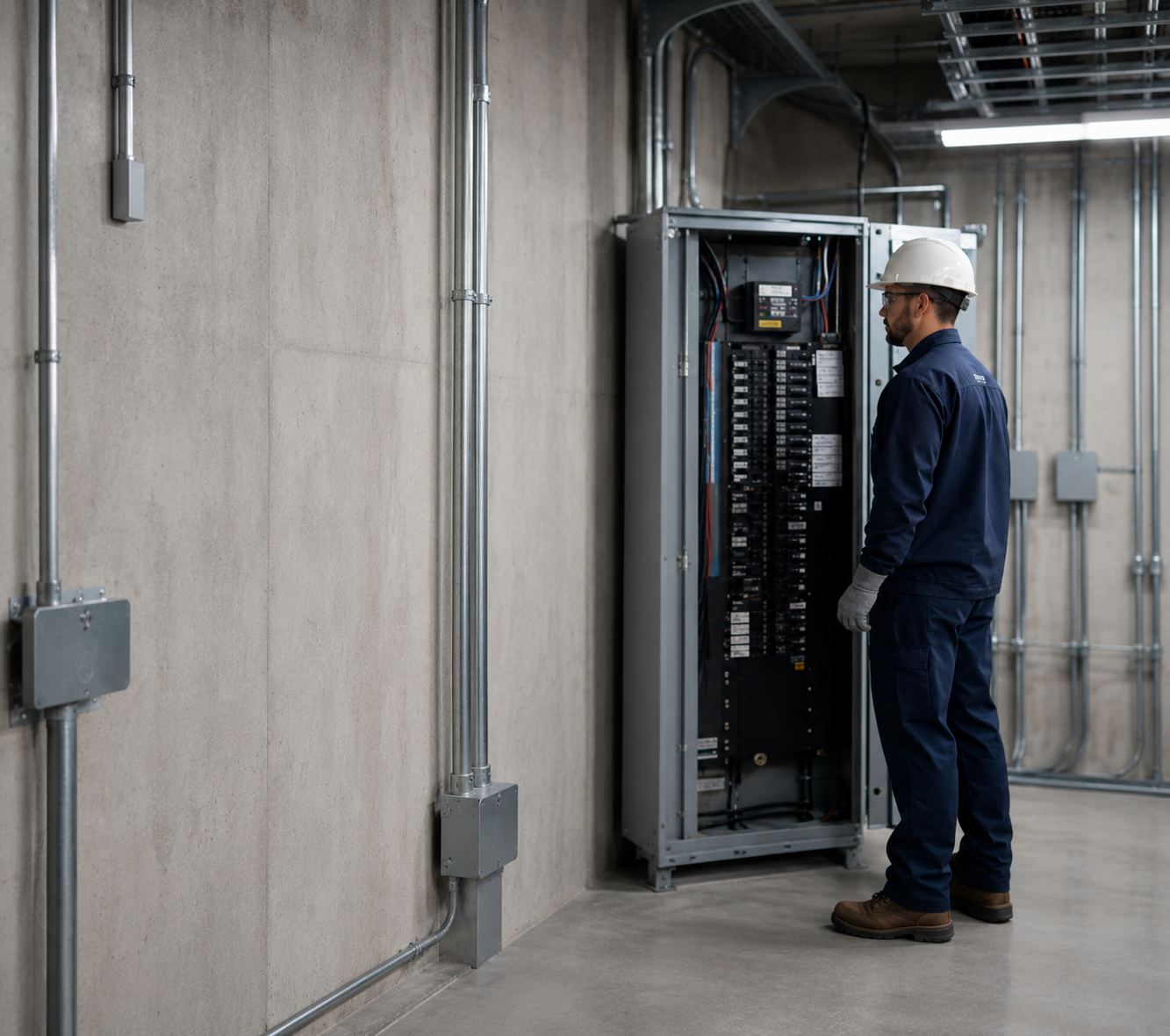 Two electrical contractors in a commercial electrical room \u2014 one reviewing blueprints on a wall-mounted tablet, another inspecting an open commercial electrical panel with conduit runs