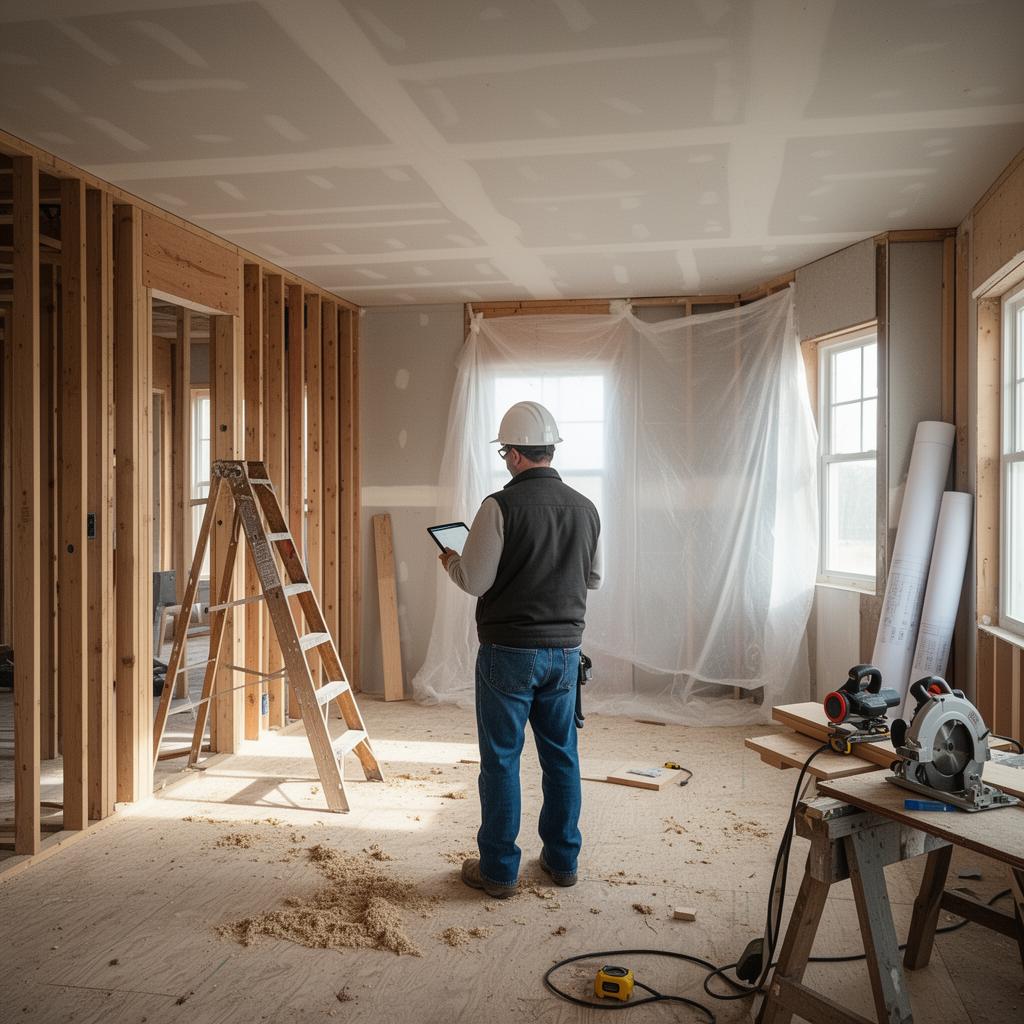 General contractor in a hard hat reviewing a tablet inside an active residential remodel \u2014 exposed wood framing, partial drywall, ladder, sawhorse and circular saw