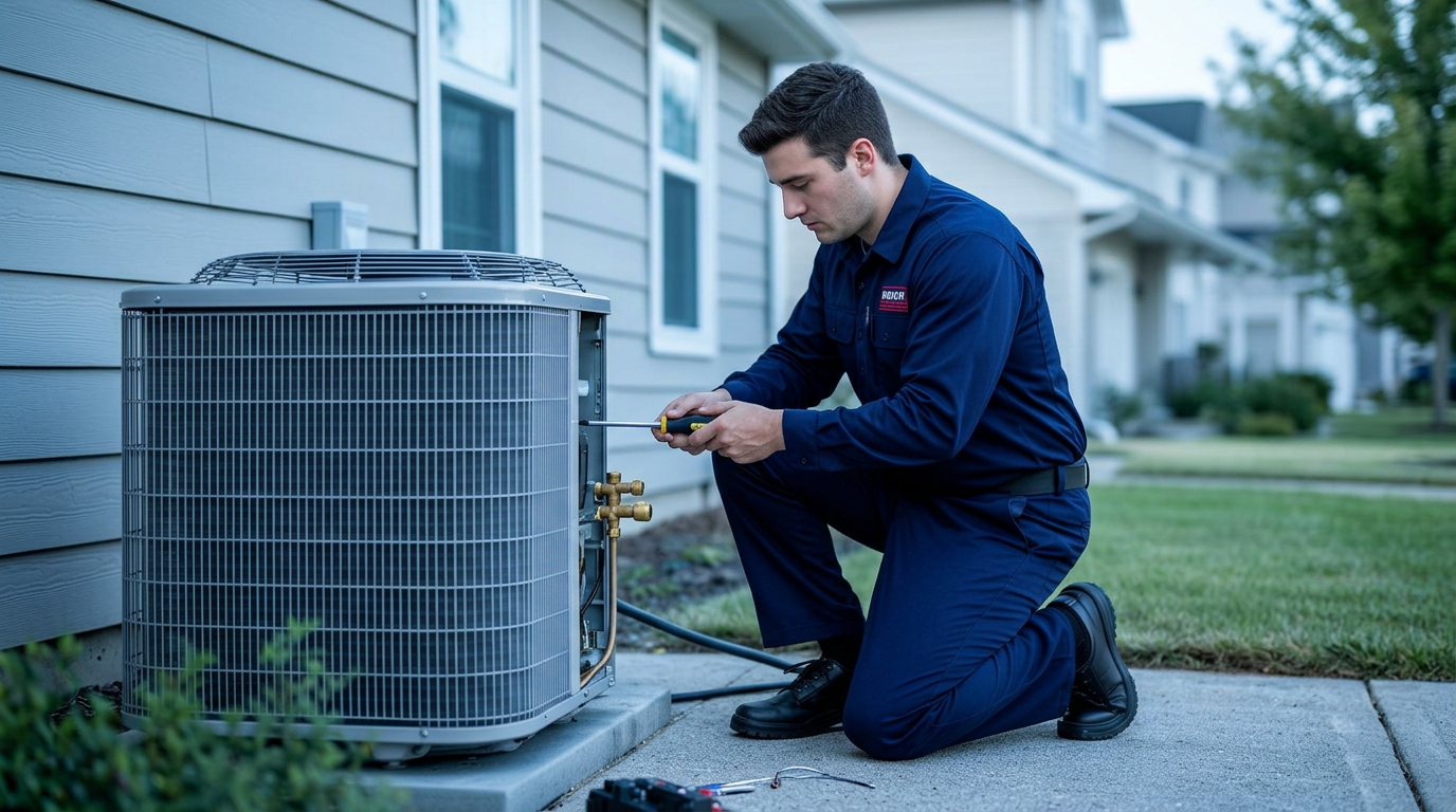 HVAC technician servicing an outdoor residential AC condenser unit with gauges and tools