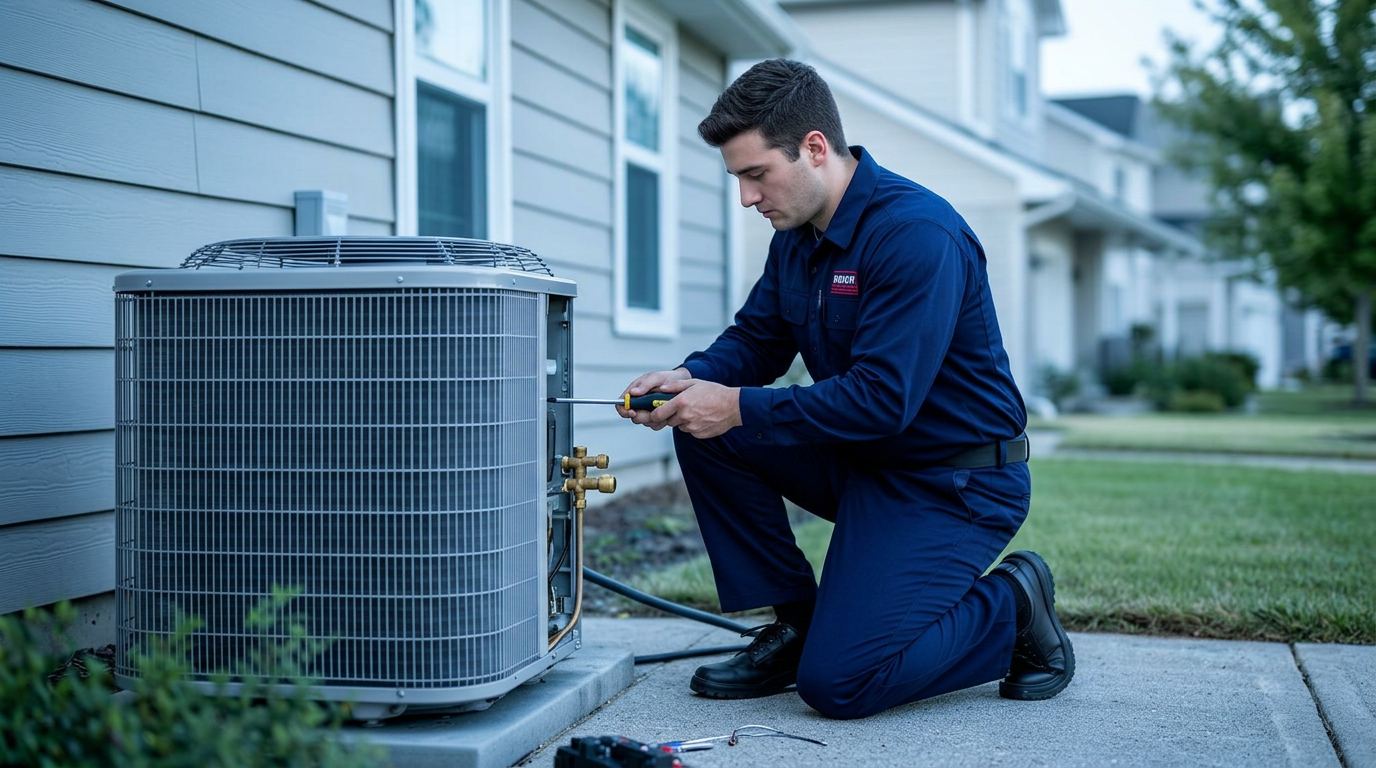 HVAC technician servicing an outdoor residential AC condenser unit with gauges and tools
