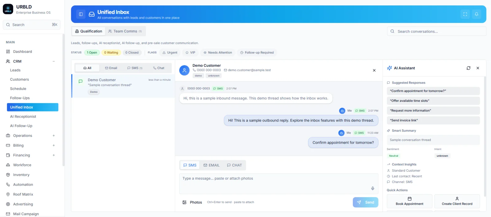 URBLD Unified Inbox showing the Qualification tab with SMS, email, and chat conversations linked to a customer record
