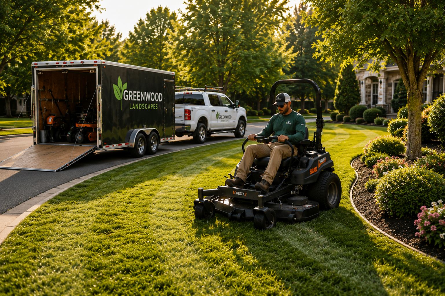 Landscaping crew leader reviewing the day's route on a tablet near a landscaping trailer while crew members mow and trim a residential lawn at golden hour