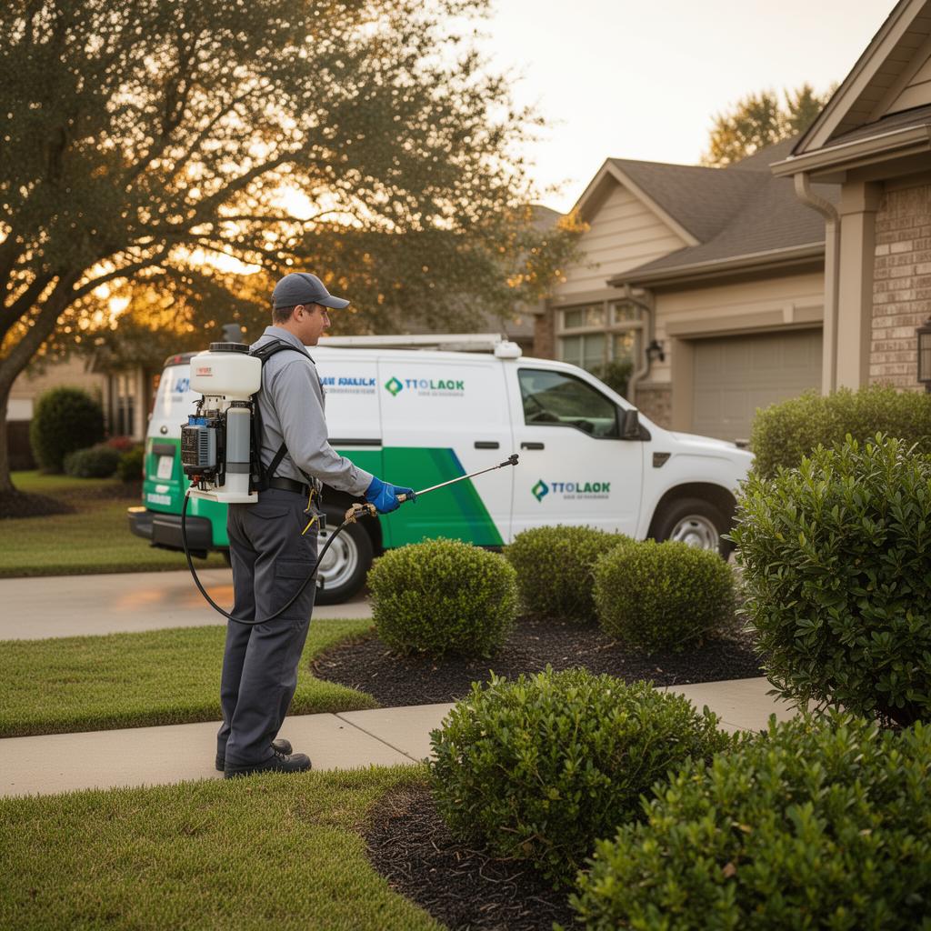 Pest control technician treating the perimeter of a suburban home with a backpack sprayer, branded service van parked nearby at golden hour
