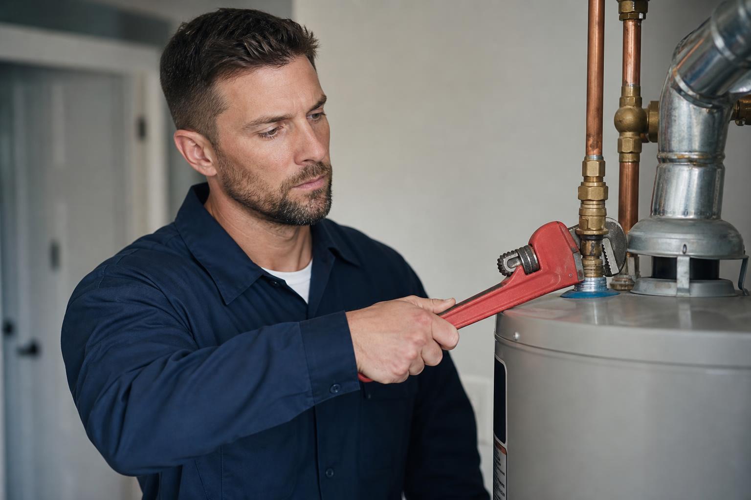 Licensed plumber kneeling beside a residential water heater performing repair work with a wrench and copper pipes
