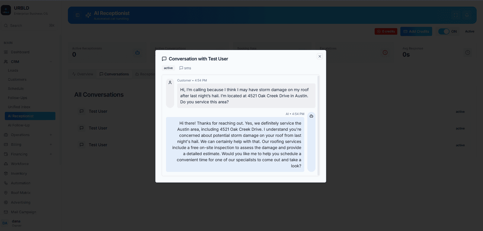 AI Receptionist handling an inbound storm-damage roof inspection call — conversation parsed live into structured intake state.