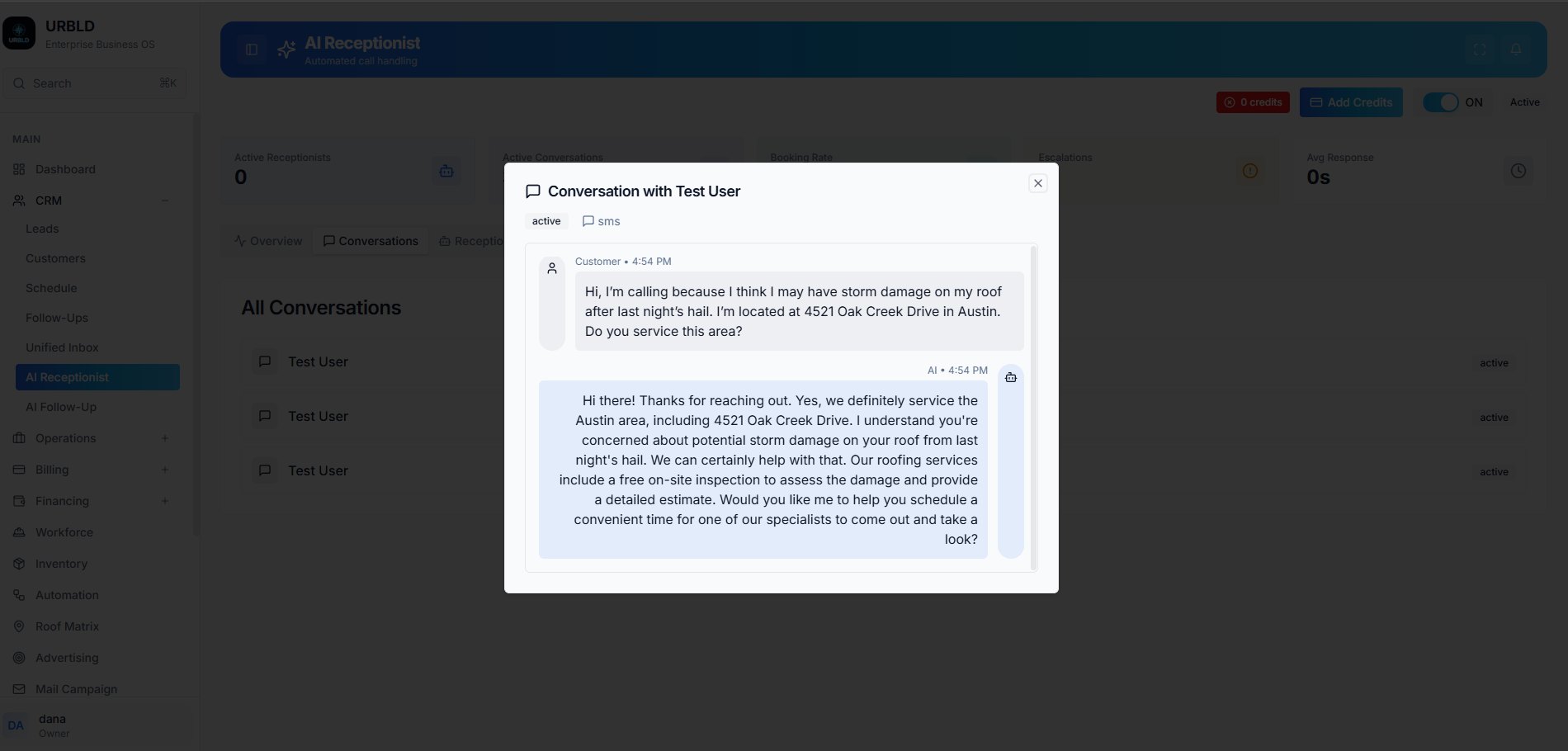 AI Receptionist handling an inbound storm-damage roof inspection call — conversation parsed live into structured intake state.