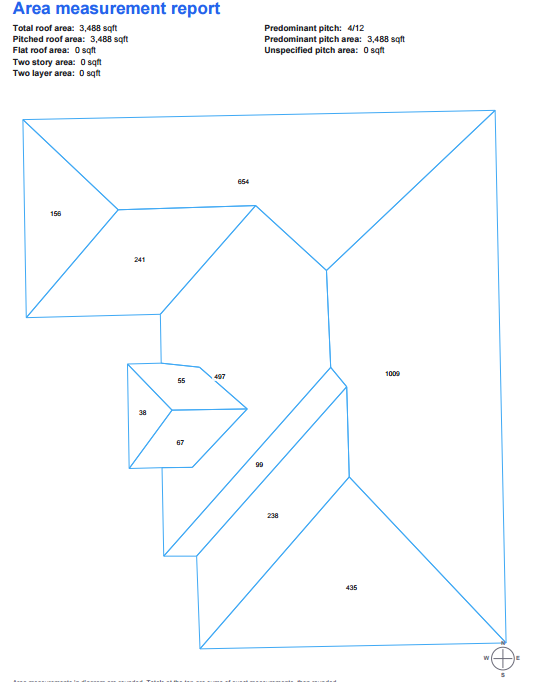 Roof area measurement report with pitch-aware square footage per facet
