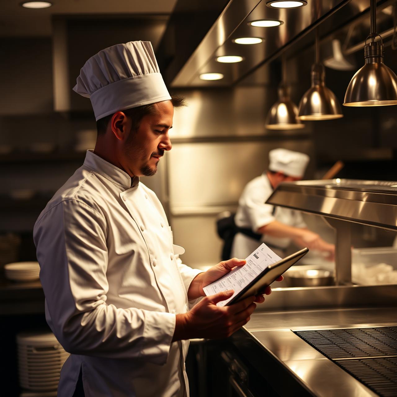 Restaurant manager in chef whites reviewing a tablet schedule near the expo pass of a busy commercial kitchen, prep cook working in the background