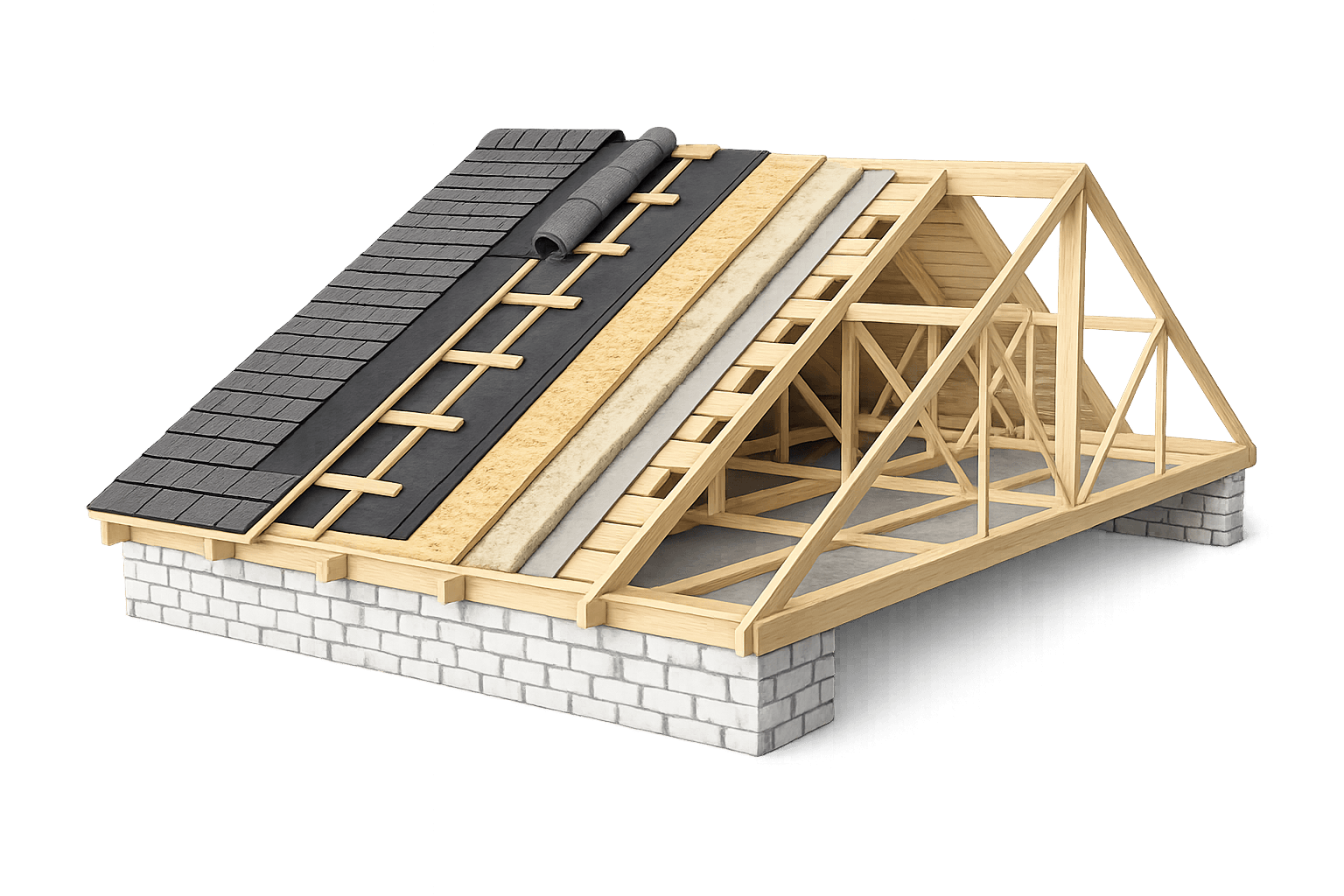 Roof assembly diagram showing shingles, underlayment, insulation, decking and truss framing