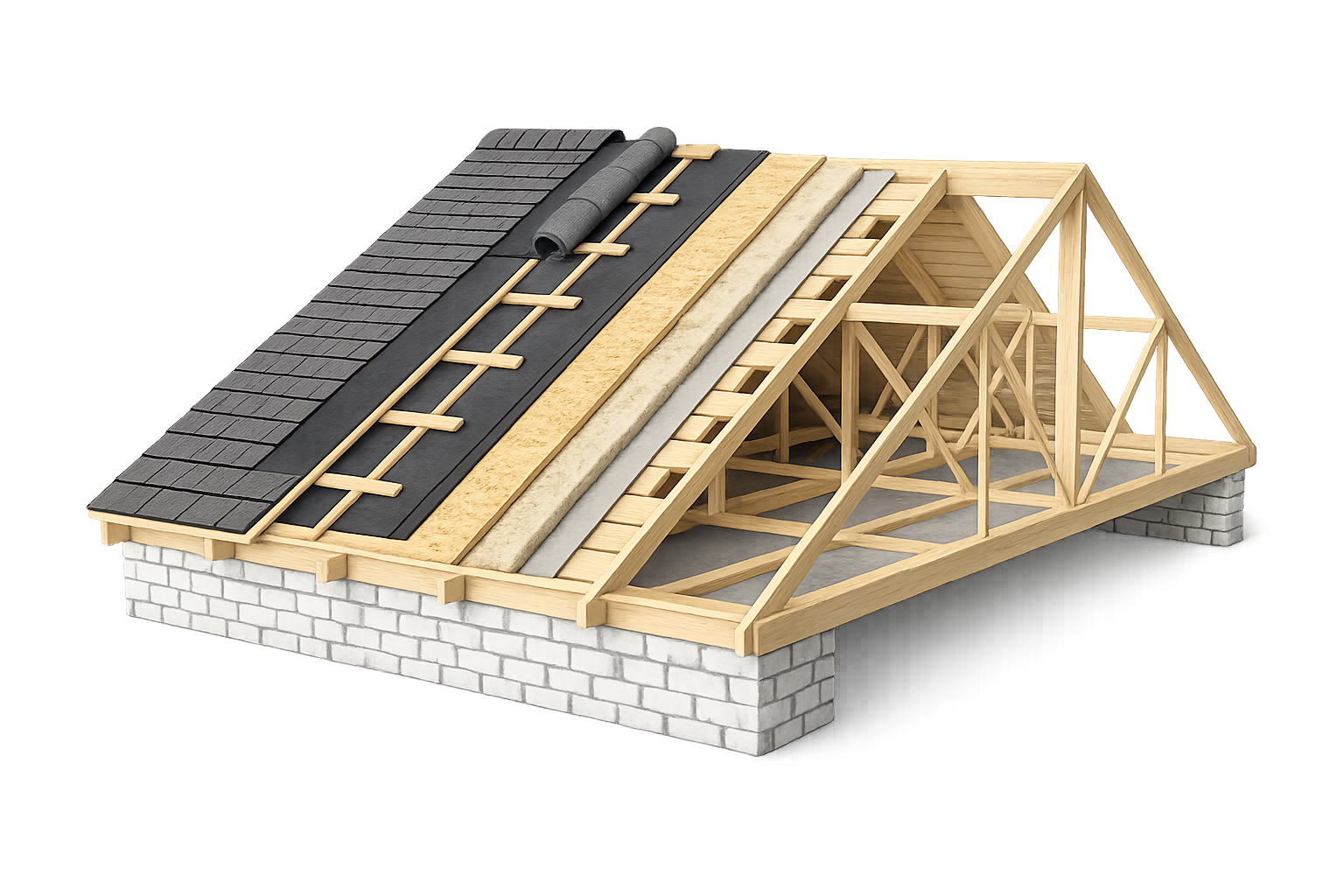 Roof assembly diagram showing shingles, underlayment, insulation, decking and truss framing