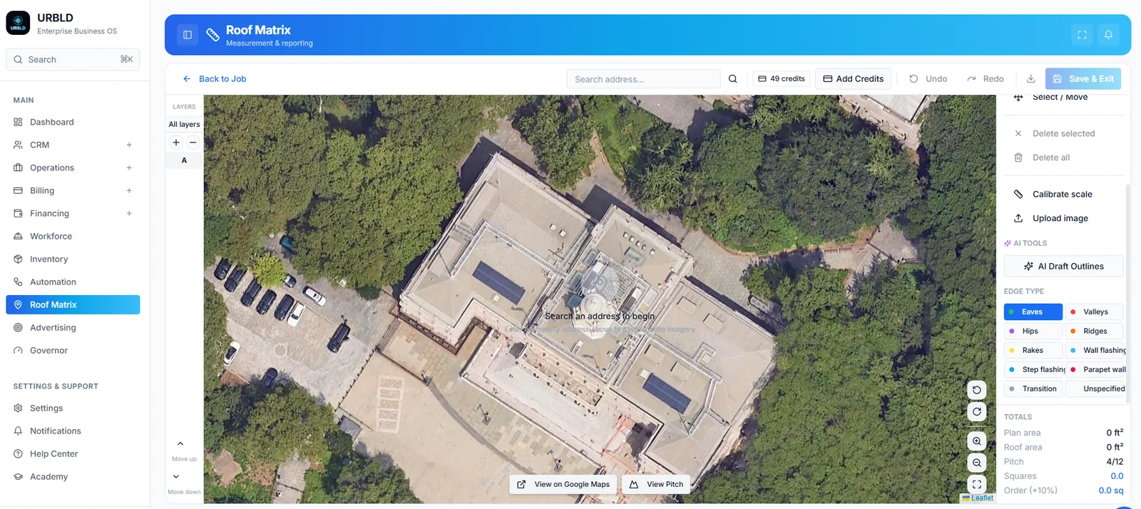 Roof Matrix — satellite roof measurement tool with edge drawing and facet tools
