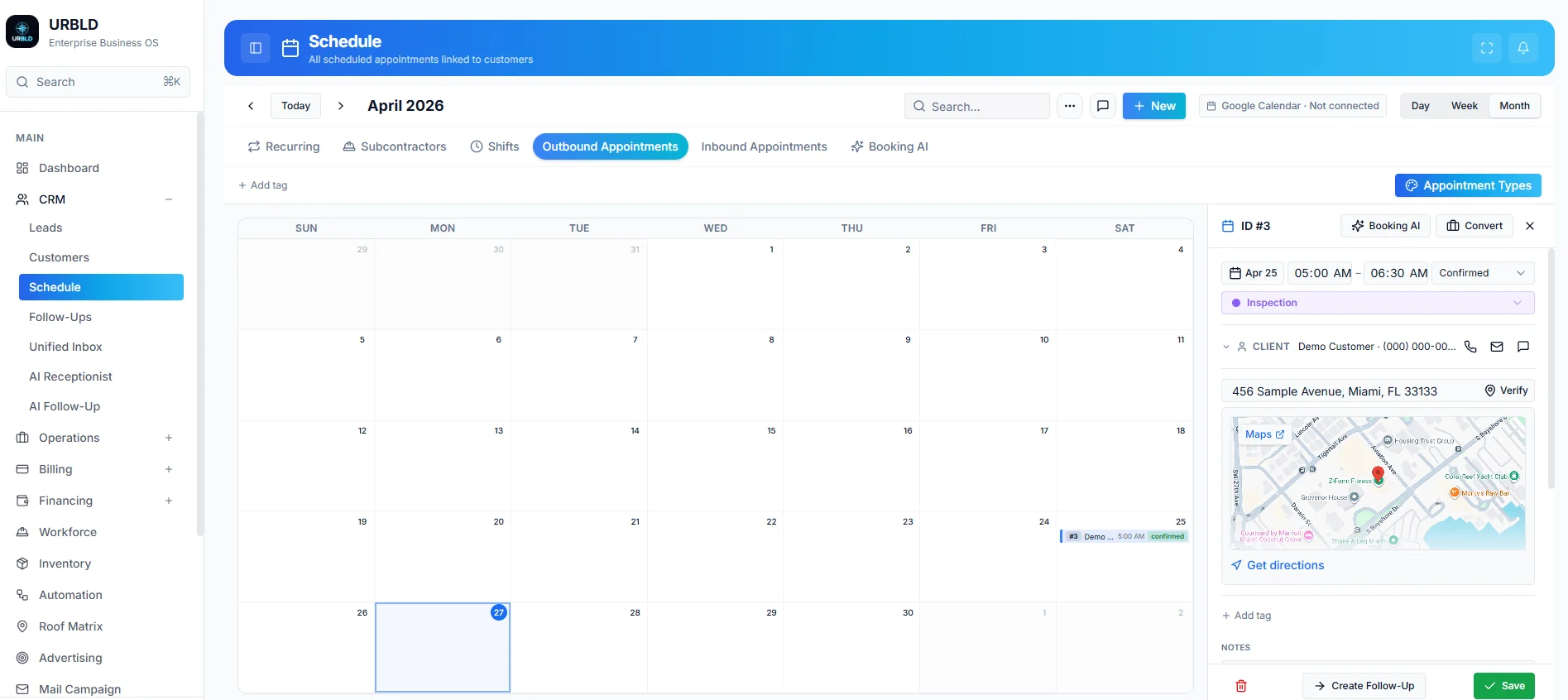 URBLD Scheduling — appointment calendar with dispatch side panel