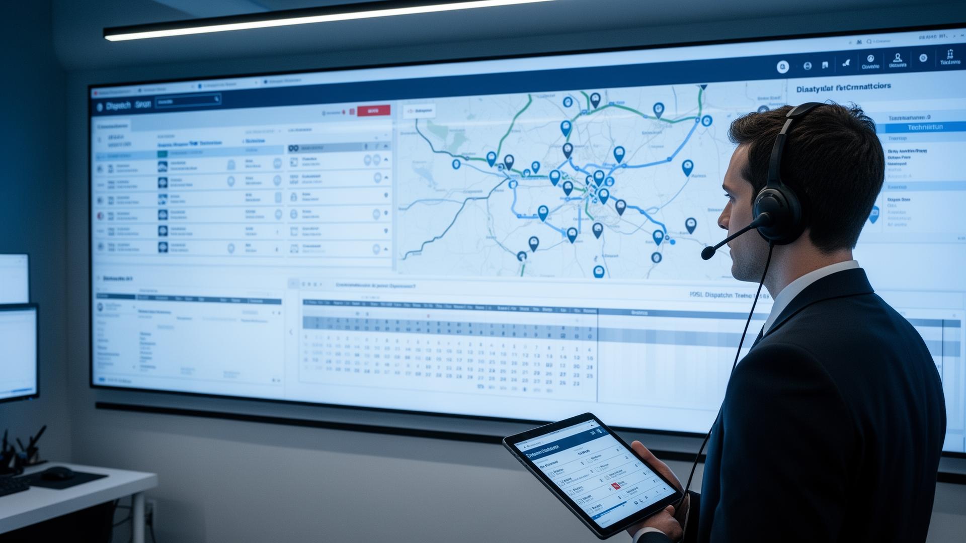 Dispatch operations command center with technician schedules, route map, and calendar